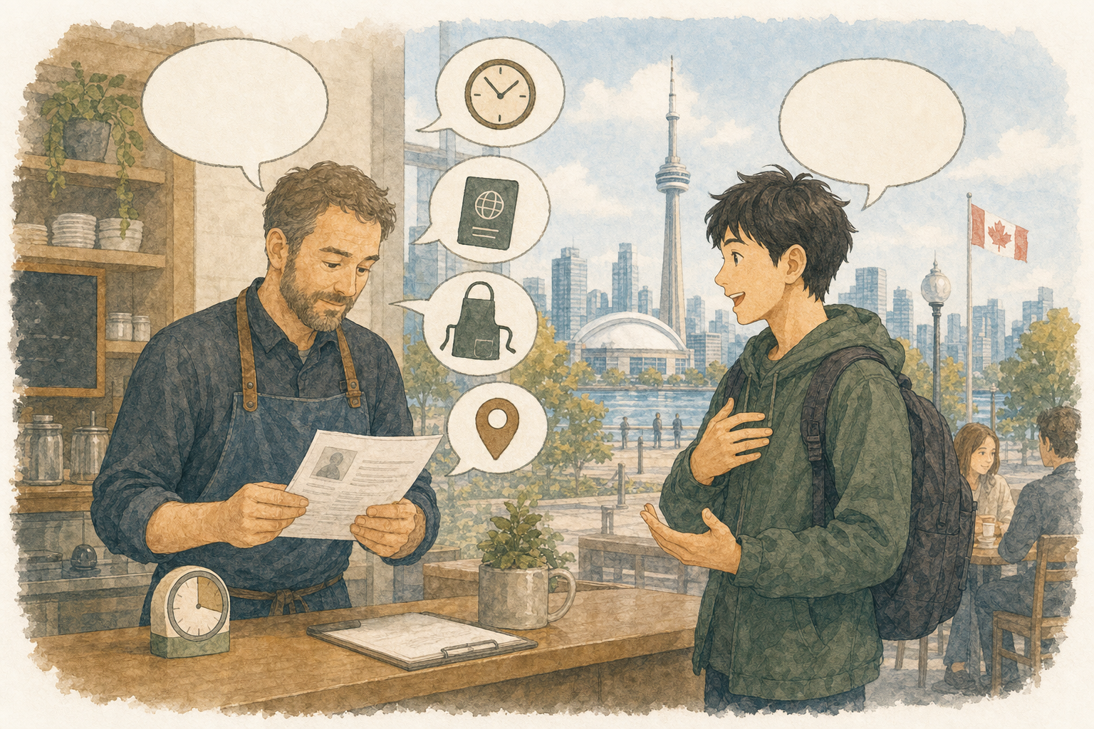 カフェのマネージャーがレジュメへ短時間目を通した後、日本人男性へ勤務可能時間、ビザ期限、飲食経験、居住地を質問するイラスト