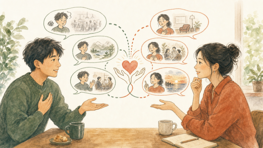 英語が完璧でなくても、身ぶりや具体的な場面を交えながら大切な気持ちを伝え合う二人のイラスト