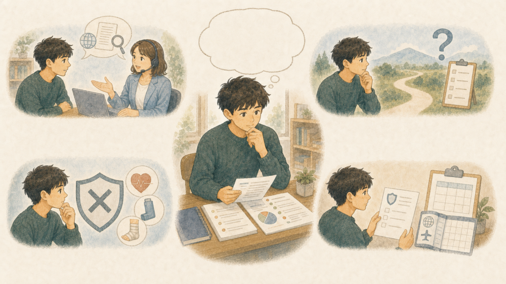 若い男性が英語の約款や保険請求、対象外となる治療、カナダの入国条件と保険期間を確認しているイラスト