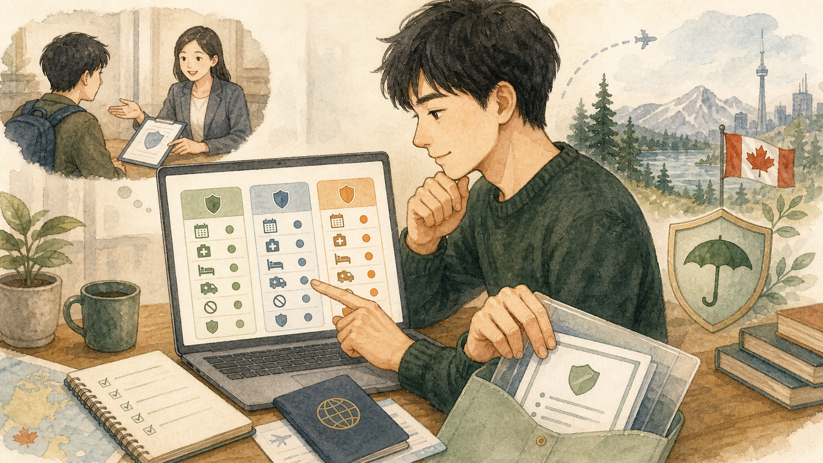 若い男性がカナダワーホリの滞在期間、医療、入院、緊急搬送、対象外条件、免責金額を確認しながら海外保険を比較しているイラスト