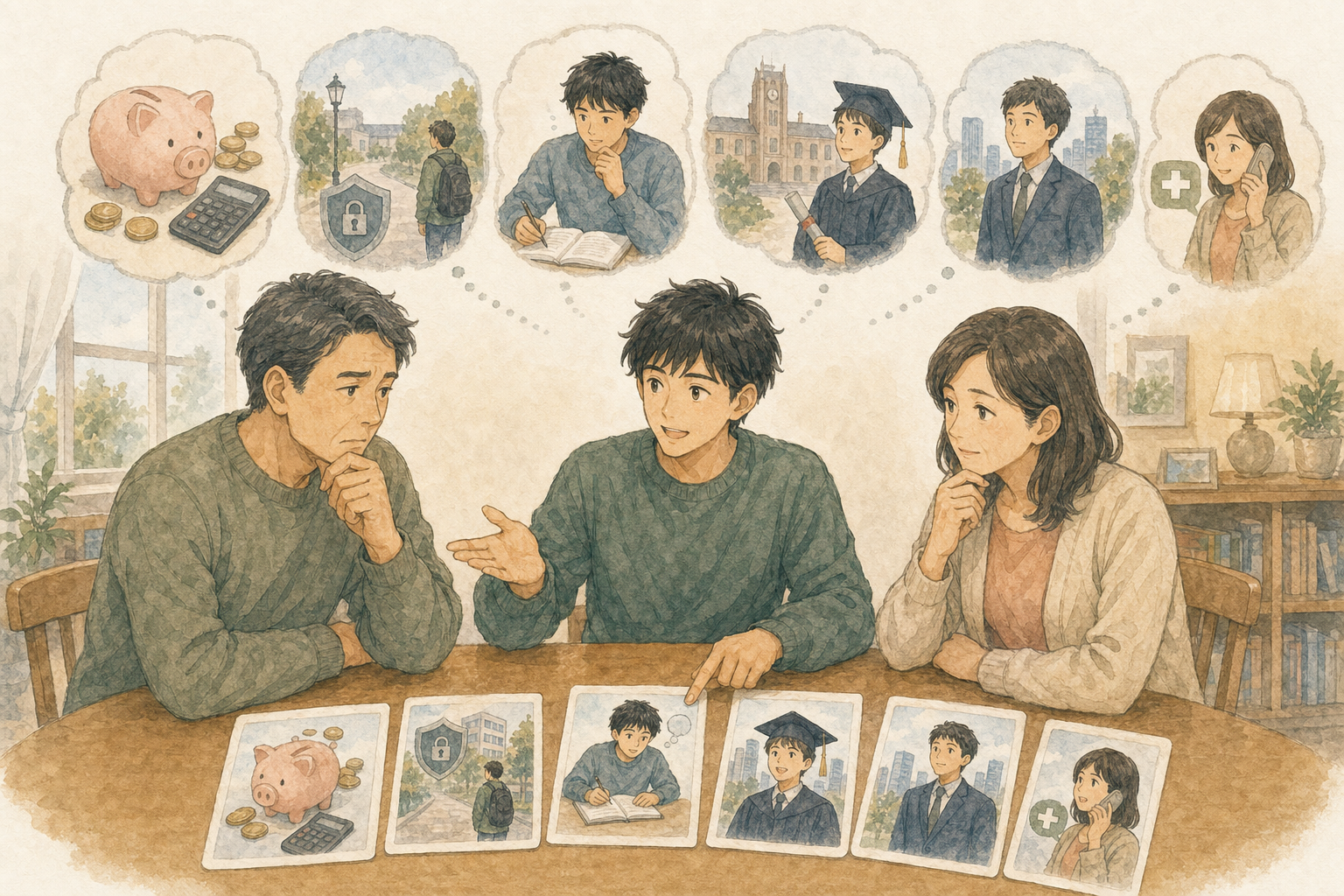 親が心配する費用、治安、英語力、大学卒業、帰国後の就職、現地サポートを個別に分け、家族で解決策を考えるイラスト