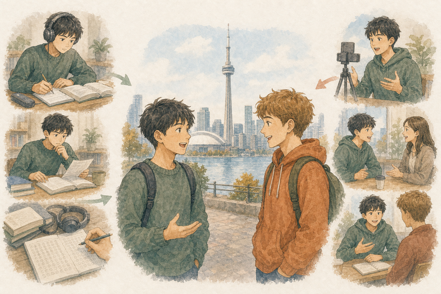 日本人男性がTOEIC学習と瞬発的な英会話練習を別々に続け、カナダで自然に会話できる状態へ進むまとめのイラスト