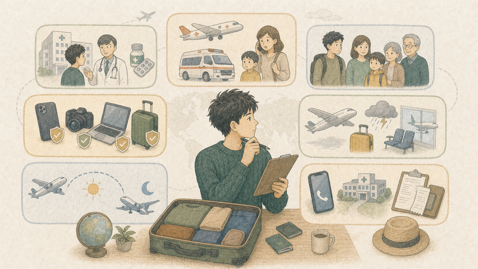 治療費、救援者費用、家族の補償、携行品、航空便トラブル、旅行期間、現地連絡先という7つの確認項目を示すイラスト