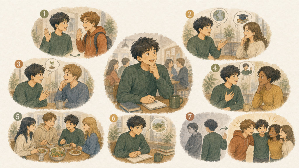 若い男性が挨拶、質問、自己紹介、昼食への参加など、留学先で友達を作るための7つの行動を実践しているイラスト