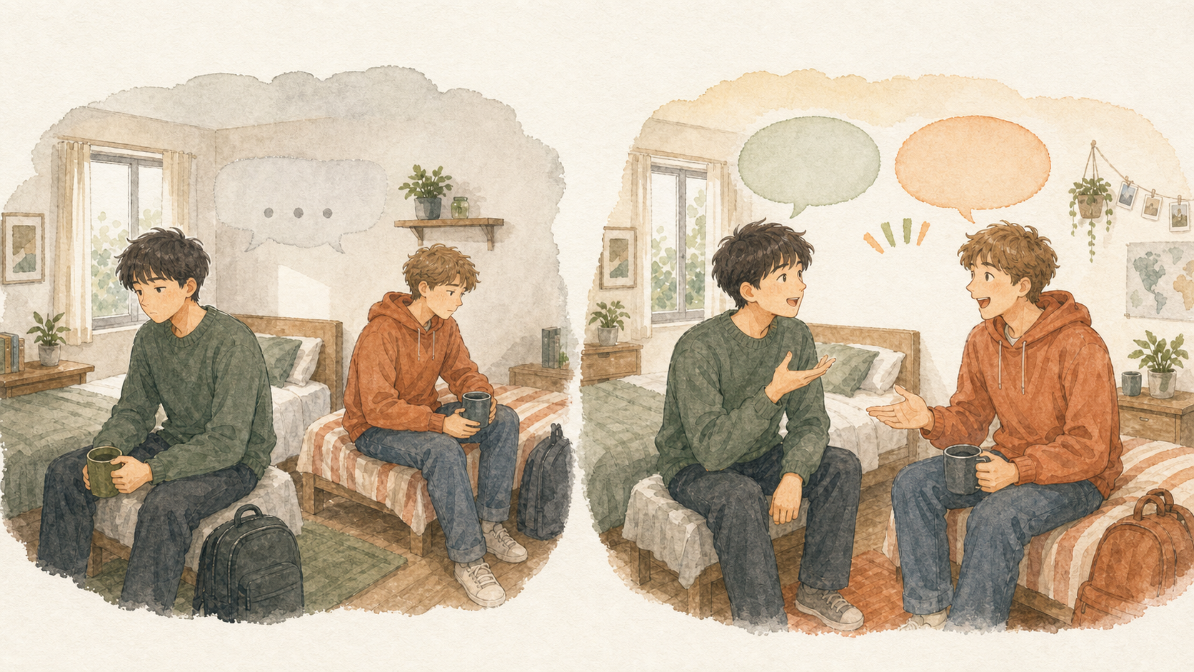 同じ相部屋でも会話がない場面と、若い男性が自分からルームメイトに話しかける場面を比べたイラスト