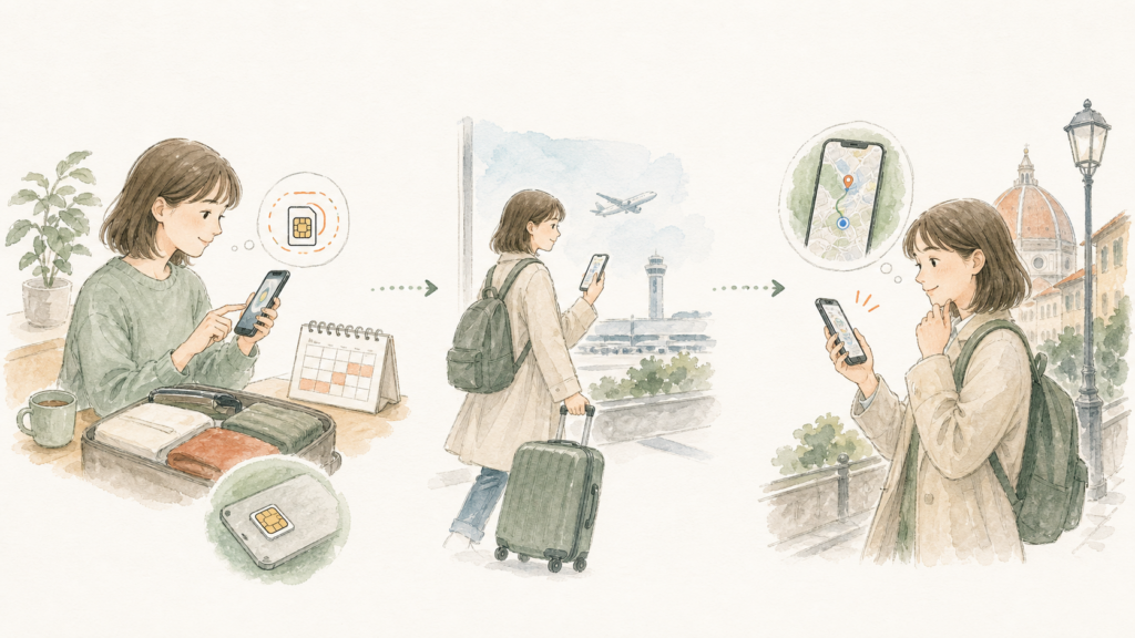 日本でeSIMを設定し、短期留学の到着直後からスマホの地図を使って移動する様子のイラスト