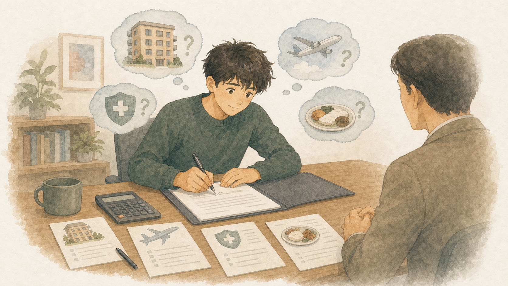 若い男性が滞在費や航空券、保険などの確認点を把握できないまま、留学契約書に署名しているイラスト