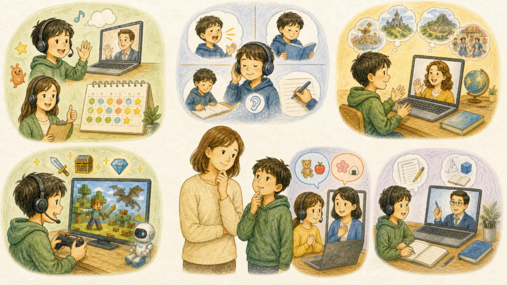 楽しさと学習習慣、4技能、外国人講師との会話、ゲーム英会話、日本語サポート、英検や他教科の6タイプを親子が比較しているイラスト