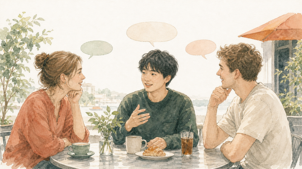 留学から半年ほどたち、海外の友人の反応を見ながら自然に英語で意見を伝えている男性のイラスト