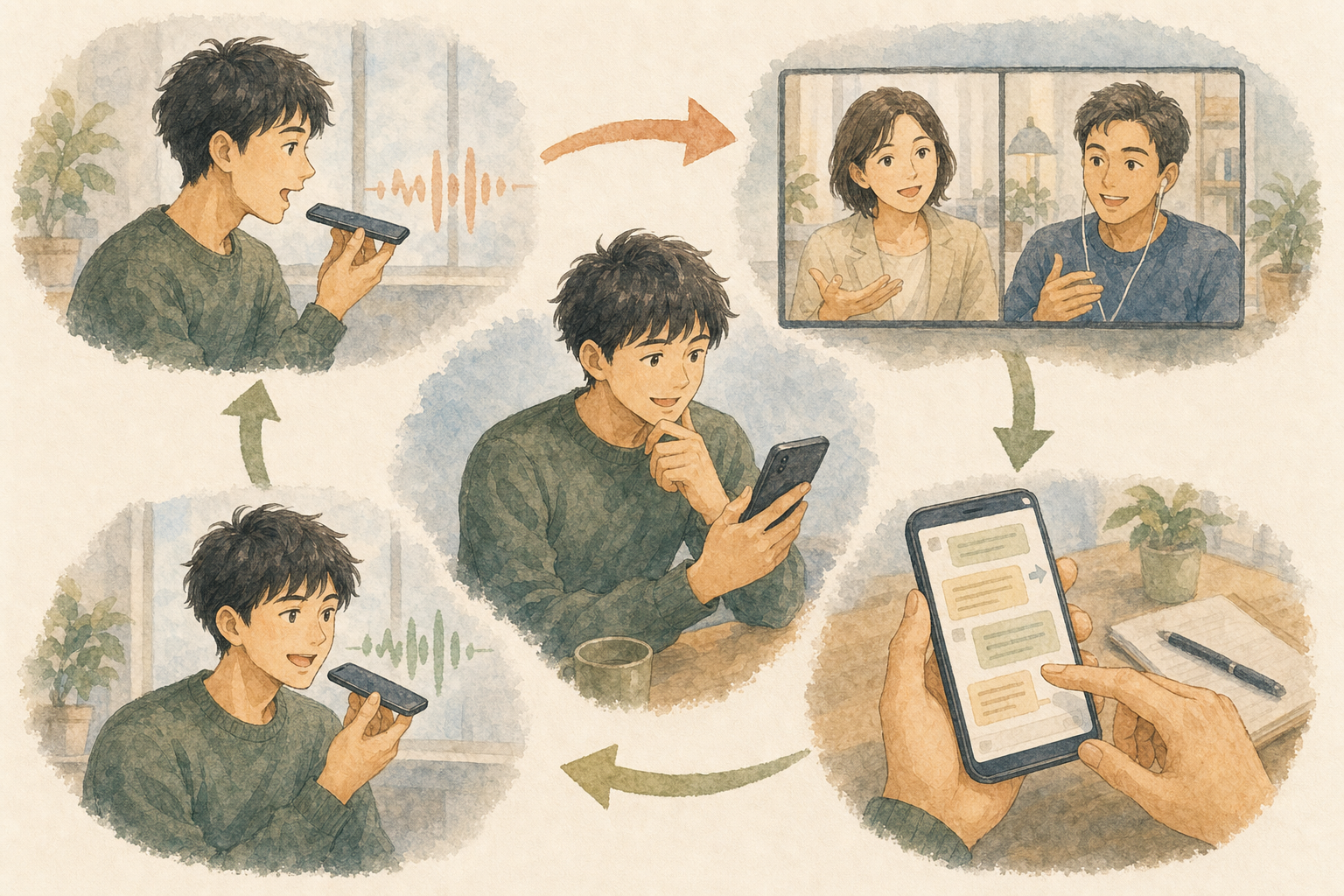日本人男性がスマートフォンへ英語を録音し、コーチから添削を受けて自然な表現で言い直す学習サイクルのイラスト