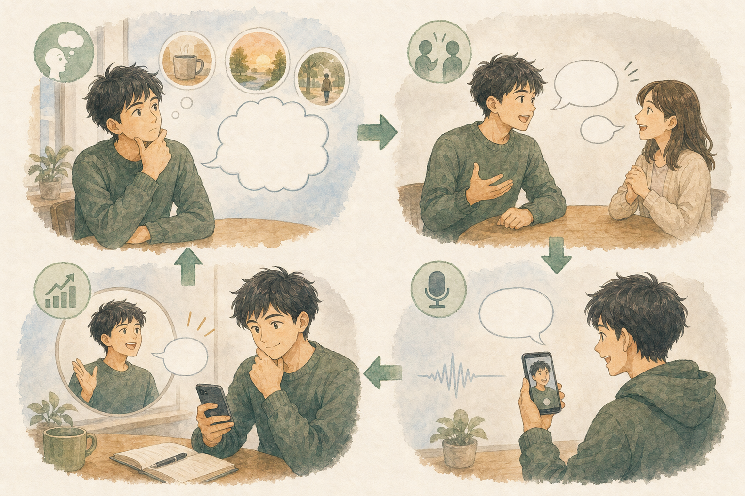 日本人男性が短い英作文、相槌、音声録音、添削後の言い直しを組み合わせて英会話を練習するイラスト