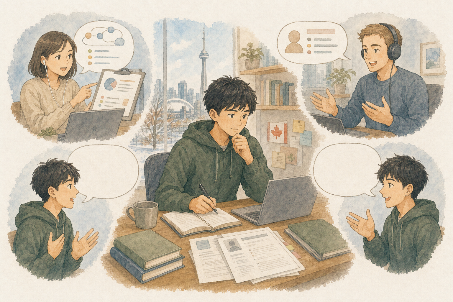 日本人男性が日本人コーチと学習計画を立て、北米ネイティブ講師から自己紹介や志望動機の英語添削を受けるイラスト