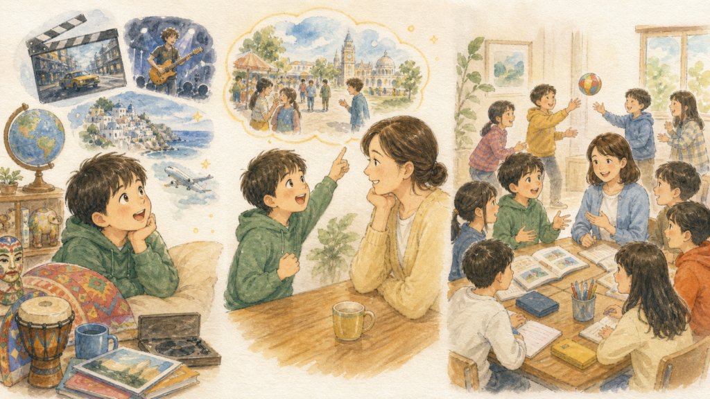 海外の映画や音楽、文化に興味を持った小学6年生が、自分から英語を習いたいと親へ伝え、少人数の英語教室へ通い始めるイラスト