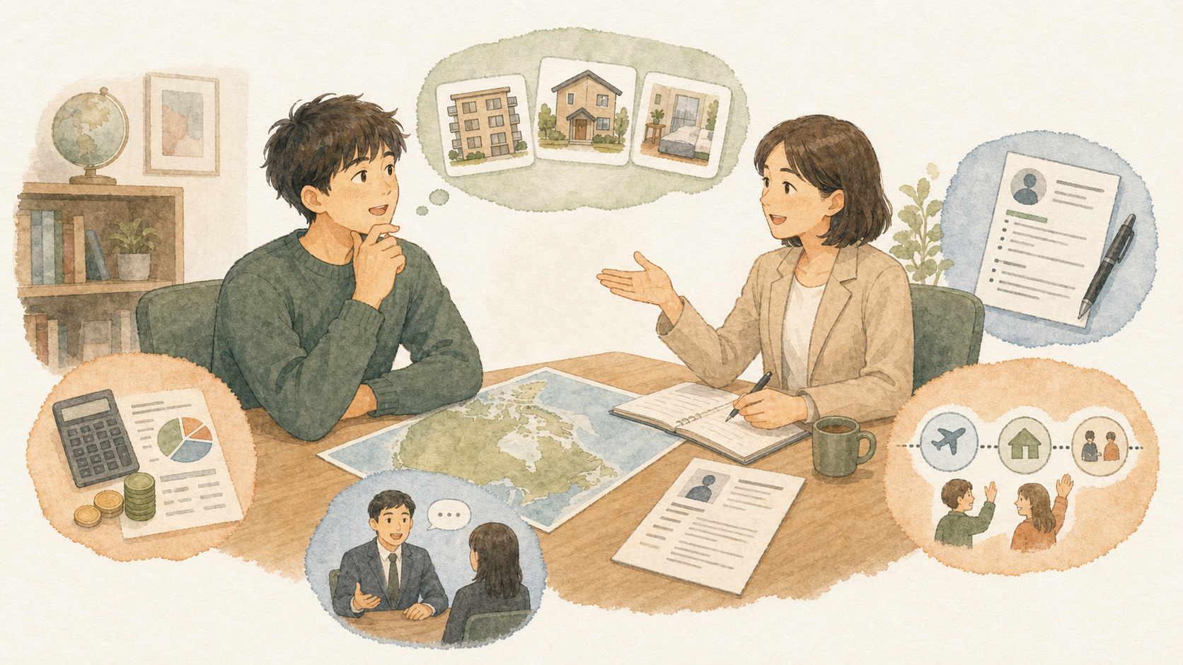 日本人男性が留学カウンセラーに、カナダの滞在先、費用、履歴書、面接、現地サポートについて相談しているイラスト