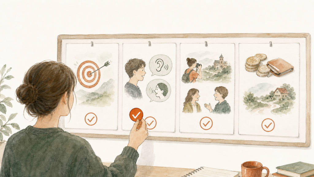 留学の目的、現在の英語力、現地での過ごし方、予算と帰国後の計画を4枚のカードで確認するイラスト