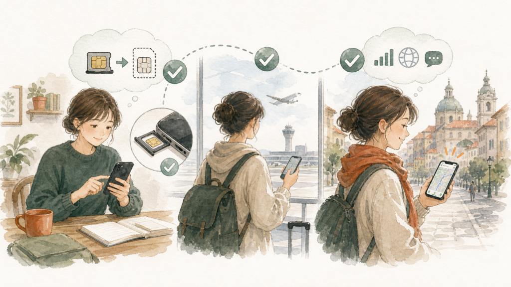 日本でeSIMを準備し、SIMカードを交換せずに留学先へ到着してすぐ地図を使う流れのイラスト