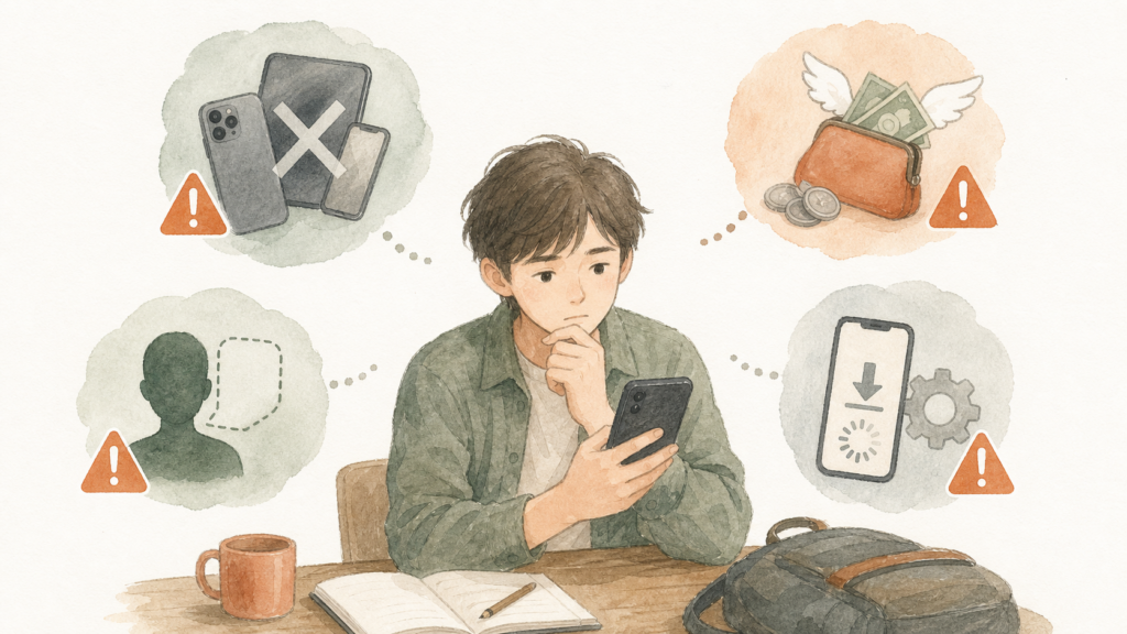 端末の非対応、電話番号の有無、長期利用の費用、設定トラブルを確認している留学生のイラスト