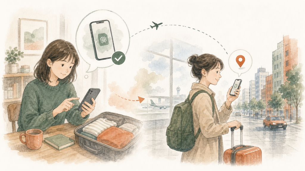 日本でeSIMを設定し、留学先へ到着した直後からスマホの地図を使って滞在先へ向かうイラスト