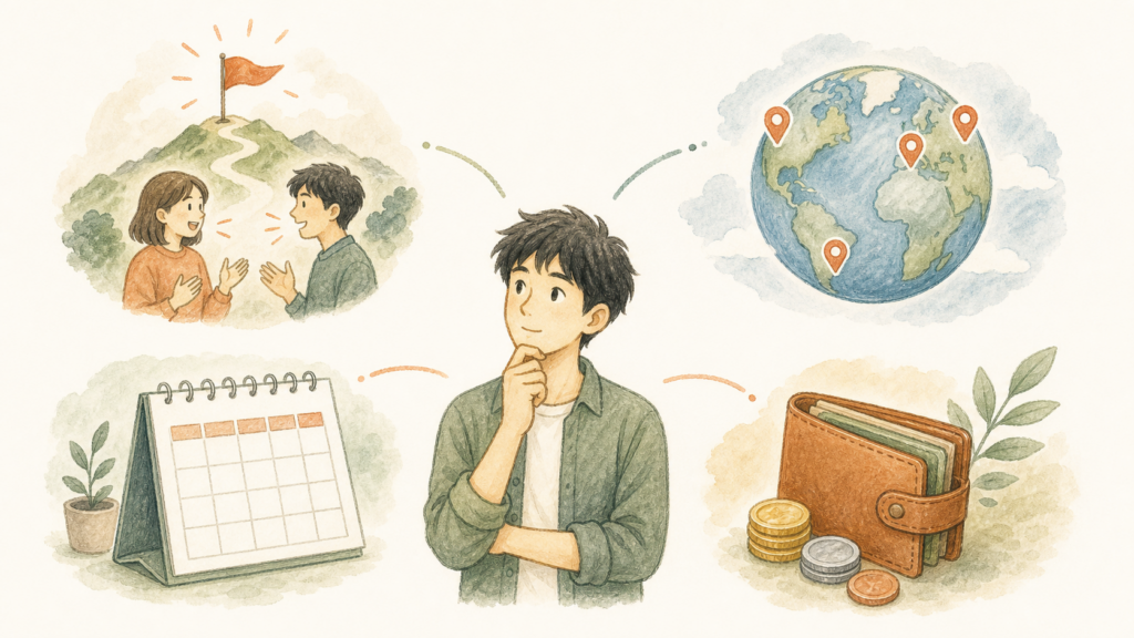 留学の目的、渡航する国、滞在期間、予算の4項目を周囲に並べて考えている男性のイラスト
