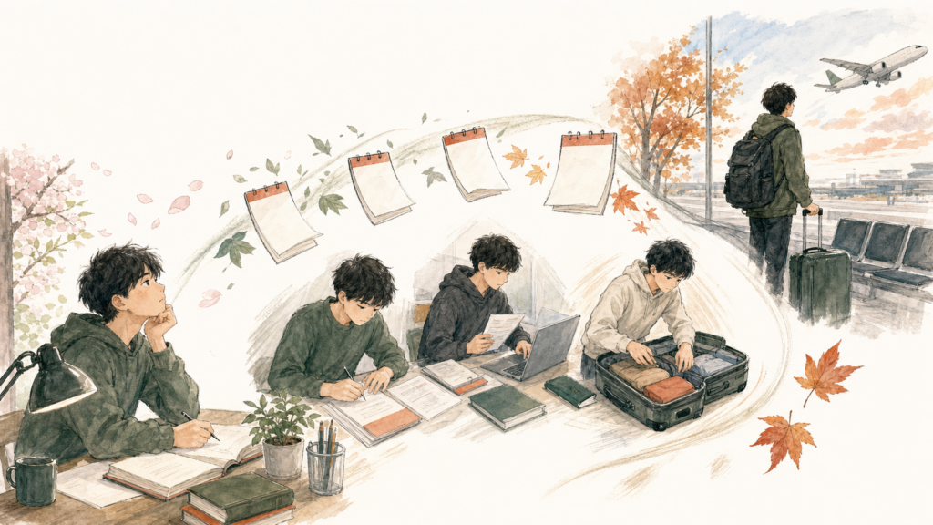 春に留学を考え始め、学校や書類、荷造りを急いで進め、秋に空港から出発する男性のイラスト