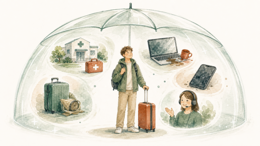 病気やけが、盗難、物の破損、日本語サポートなどを大きな傘が守る留学生のイラスト