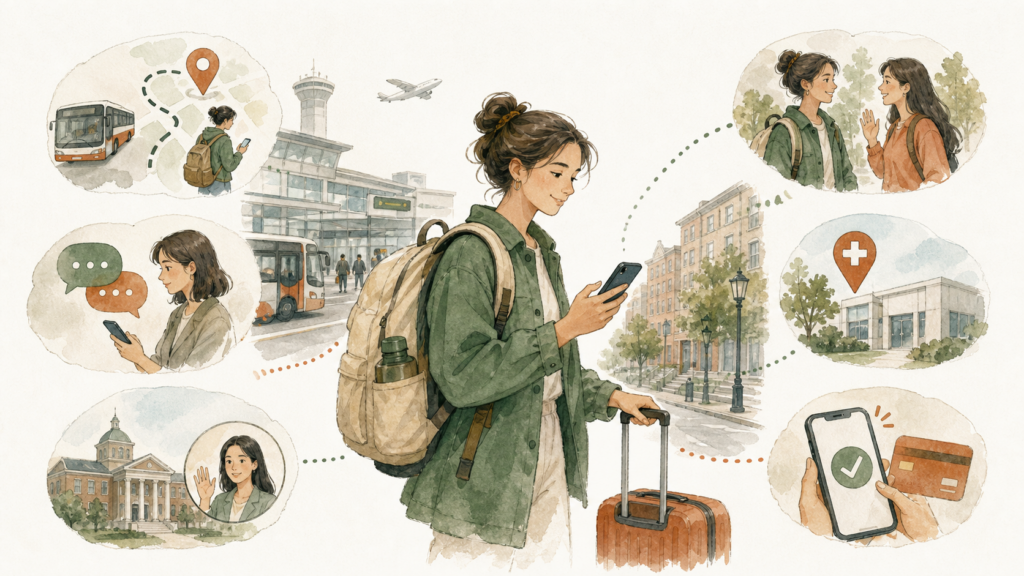 海外の街でスマホの地図や交通、翻訳、連絡、病院検索を使いながら移動する留学生のイラスト