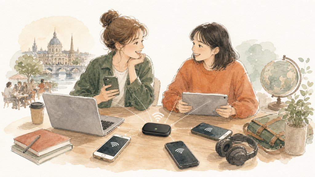 友人同士で1台のポケットWiFiを共有し、複数のスマホやパソコンを接続しているイラスト