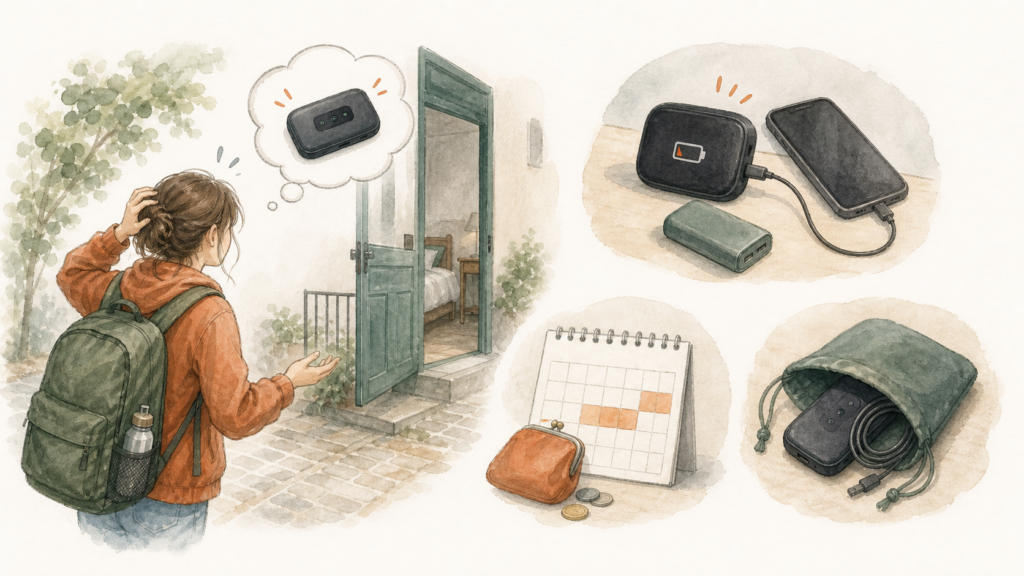 WiFi端末の持ち忘れや充電切れ、長期レンタル費用、返却の必要性を確認する留学生のイラスト