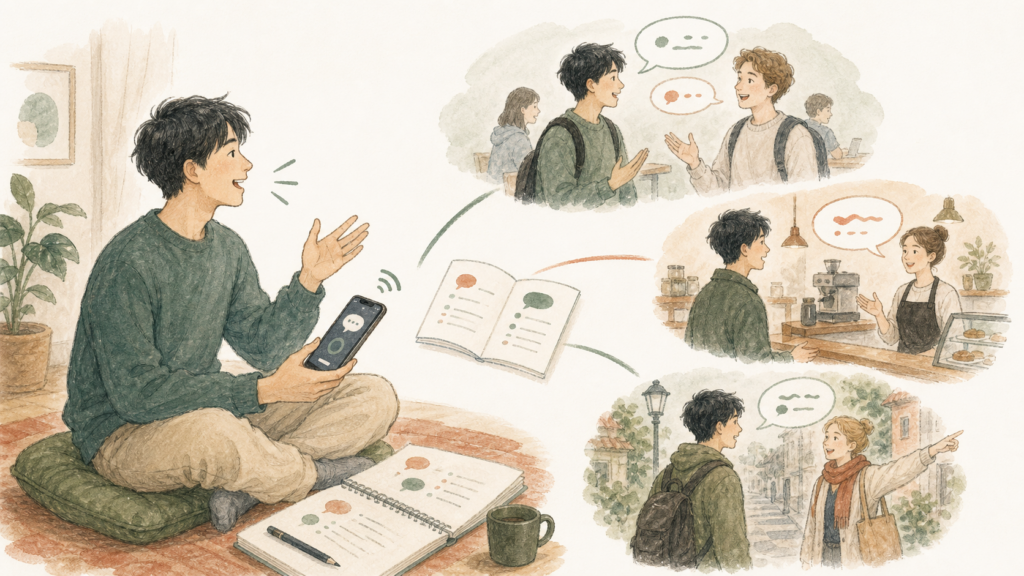 単語や文法を学びながら、自己紹介、カフェでの注文、道の尋ね方を声に出して練習する男性のイラスト