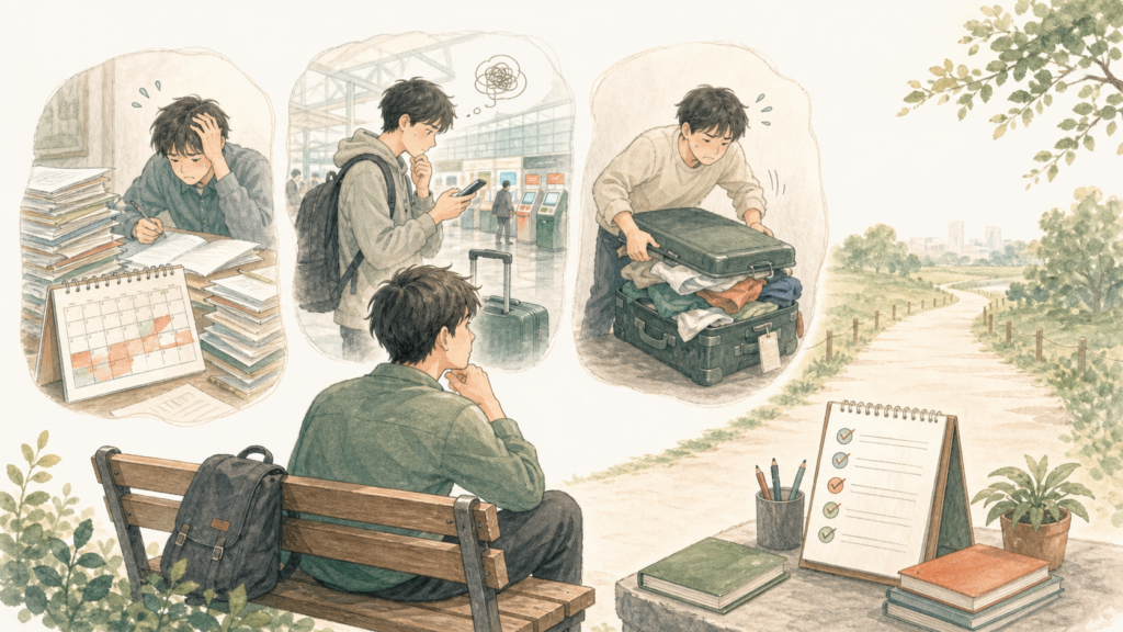 遅い手続き、当日のSIM探し、詰めすぎた荷物を振り返り、次は早めに準備しようと考える男性のイラスト