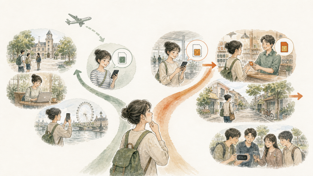 短期留学ではeSIMを使い、長期留学では到着後に現地SIMへ切り替える流れを描いたイラスト
