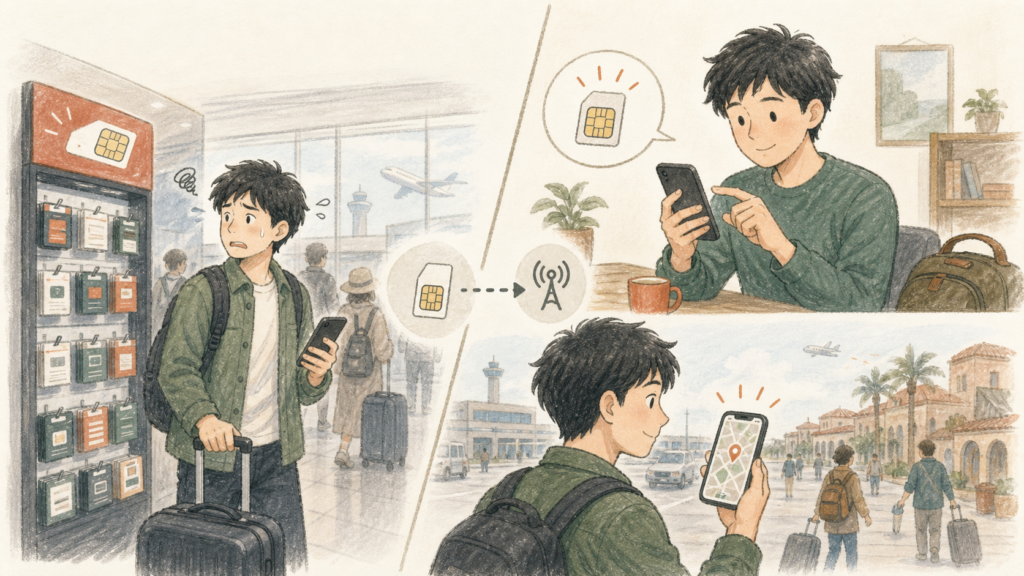 空港でSIMを探して戸惑う場合と、日本でeSIMを設定して到着後すぐ地図を使う場合を比べたイラスト