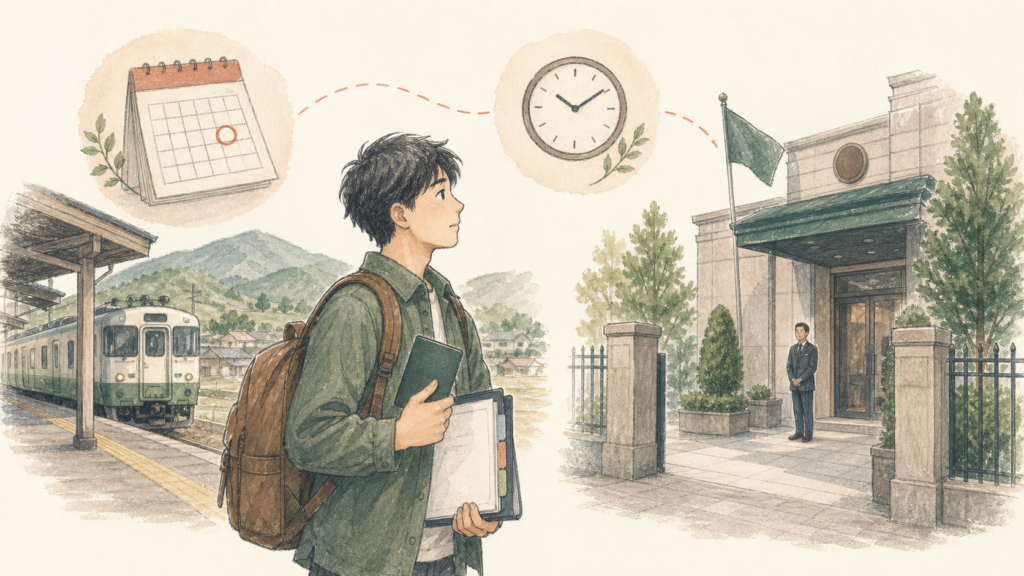 地方から電車で領事館へ向かい、パスポートと必要書類を持って学生ビザを申請する男性のイラスト