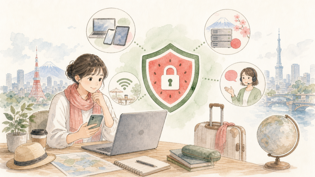 海外滞在中の利用者が、スマホやパソコン、日本サーバー、公共Wi-Fi保護などVPNの特徴を確認しているイラスト