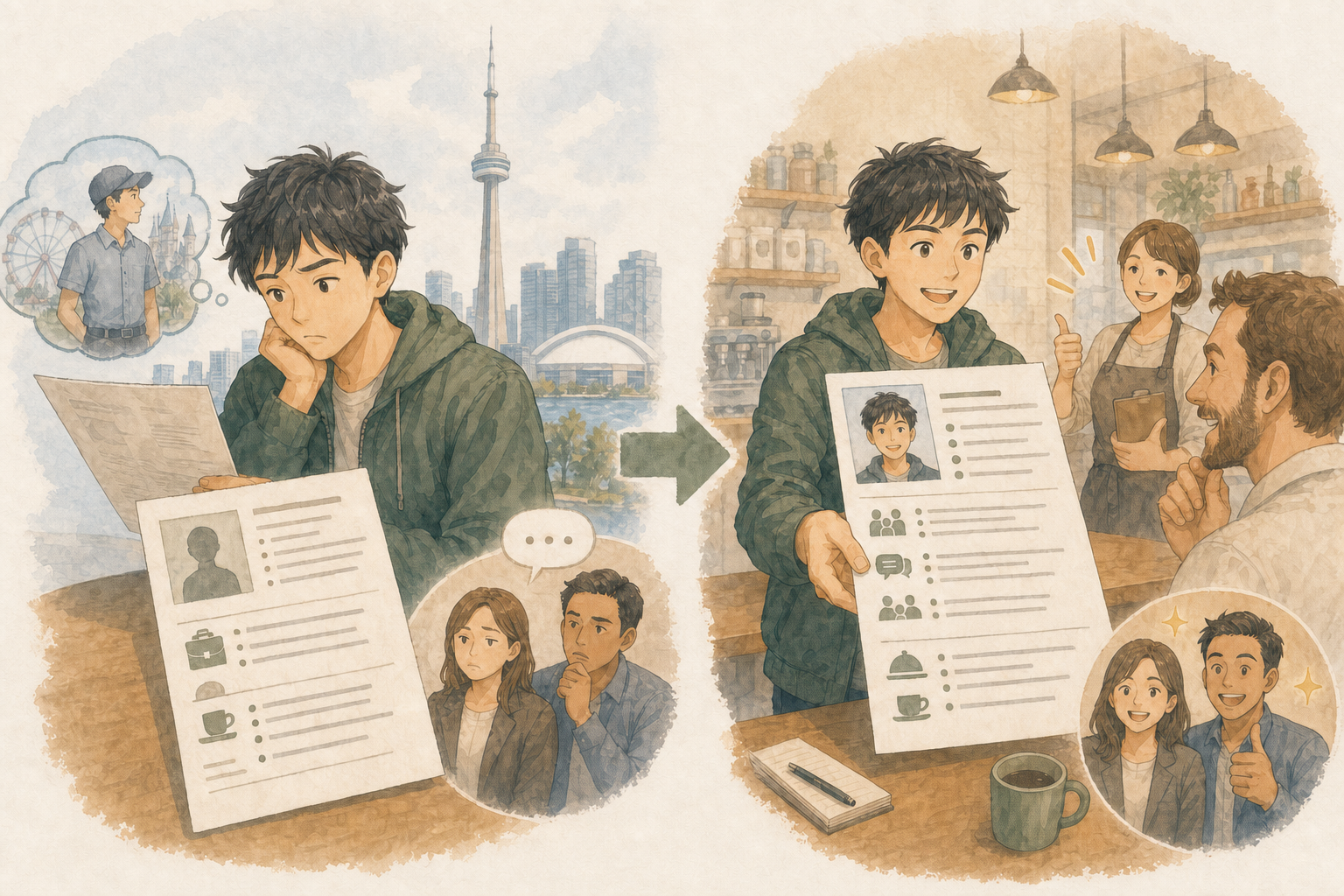 日本人男性がカメラ中心のレジュメを、正面写真とテーマパークでの接客、列整理、チーム経験が伝わる飲食店向けの内容へ作り直すイラスト