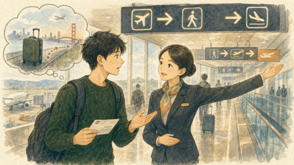 初めて一人で海外へ行く若い男性が、台北の空港で搭乗券を見せながらスタッフに次の搭乗口を尋ねているイラスト