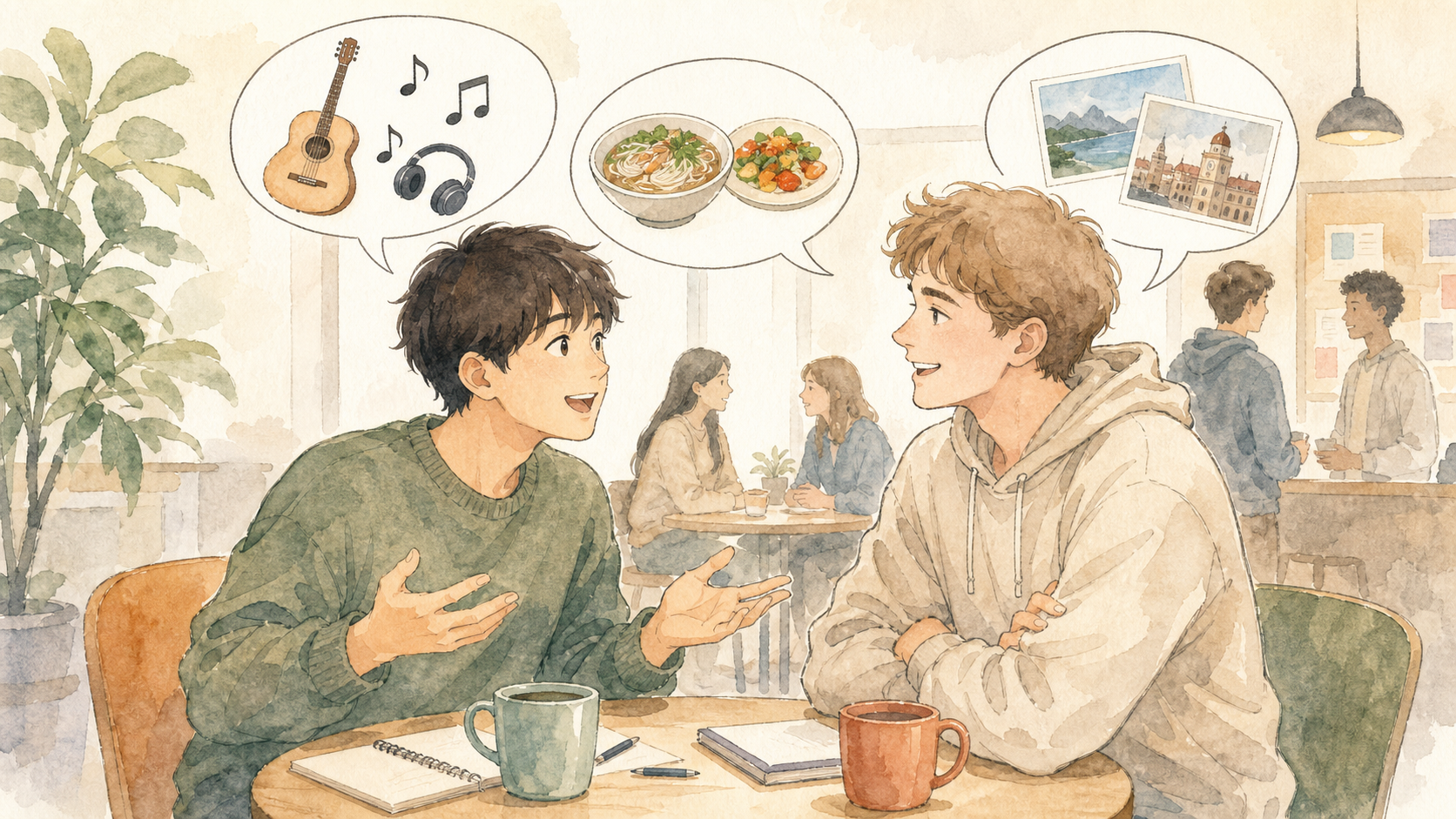 男子留学生がカフェでクラスメイトの趣味や好きなことに興味を持ち、英語で話しかけているイラスト