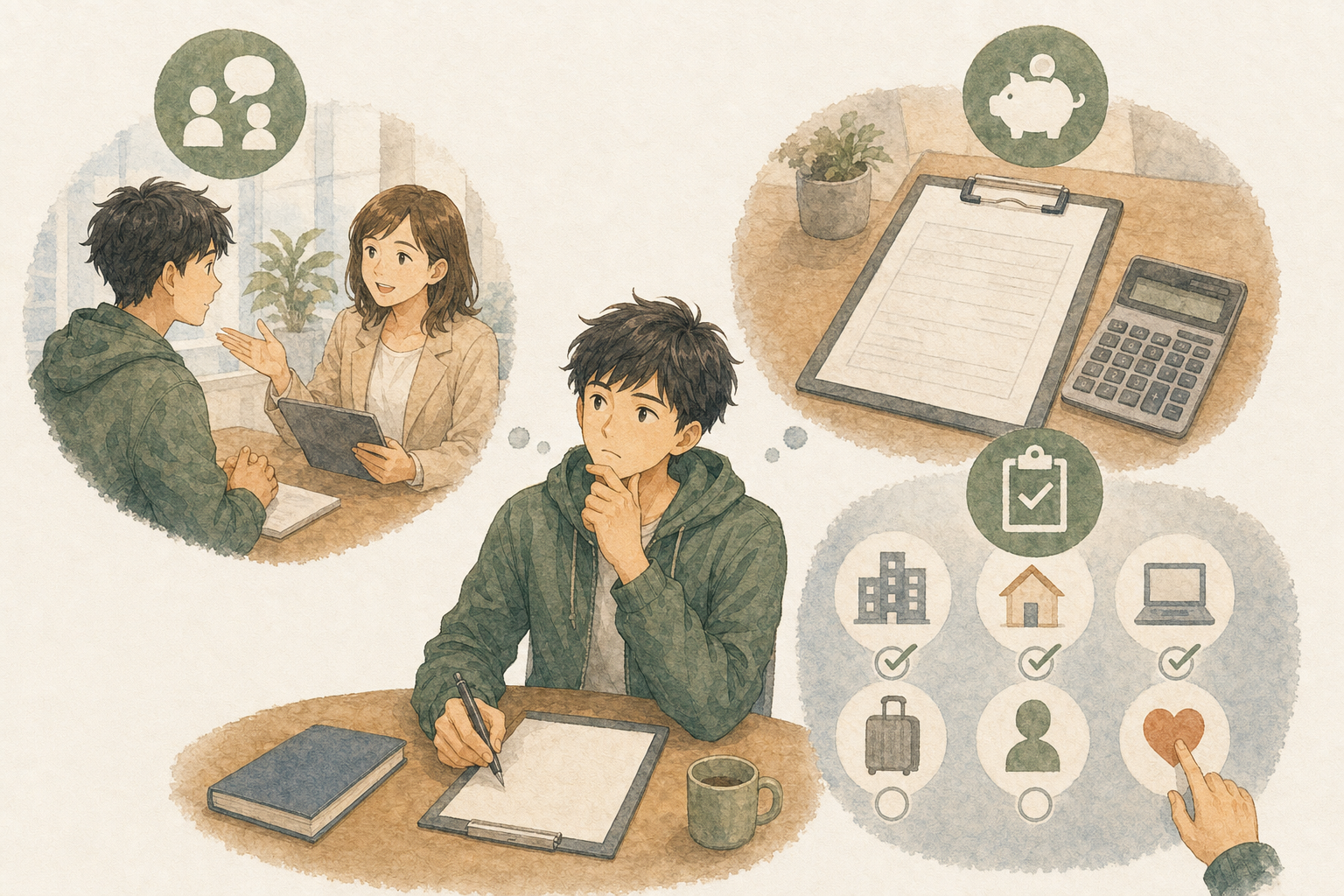 日本人男性が担当者との相性、留学費用の内訳、必要なサポート内容の3点を比較しているイラスト