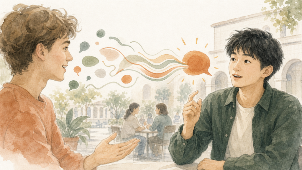 語学学校の中庭で相手の英語を少しずつ自然に理解し、自分の返事を考え始めている男性のイラスト