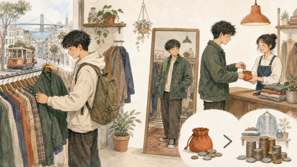 サンフランシスコの古着屋で手頃な服を探し、気に入ったジャケットを選んで衣服代を抑える留学生のイラスト