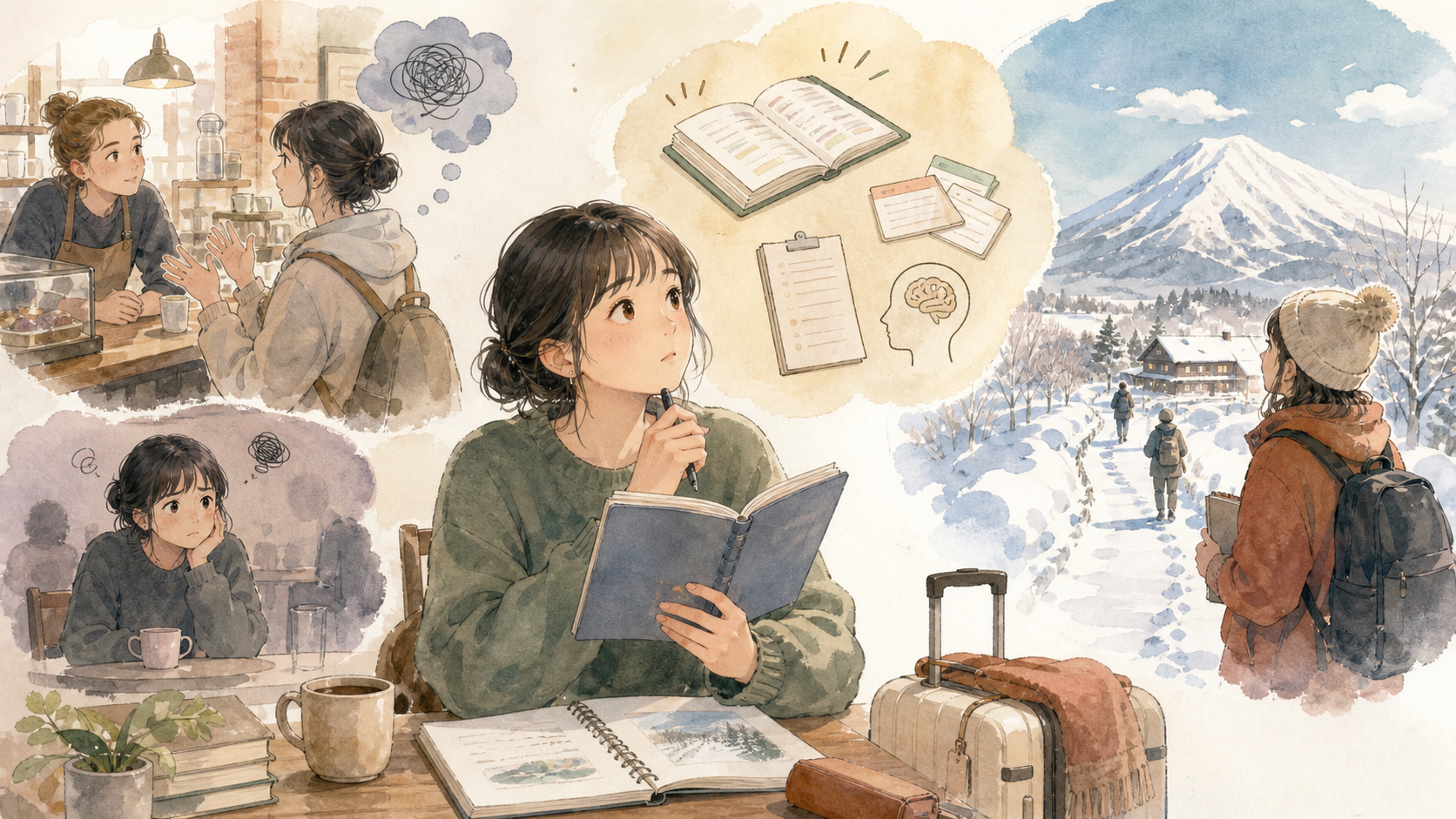 英語の知識はあるものの会話で言葉が出ず、ワーホリ前にニセコ留学で準備しようと考えているイラスト