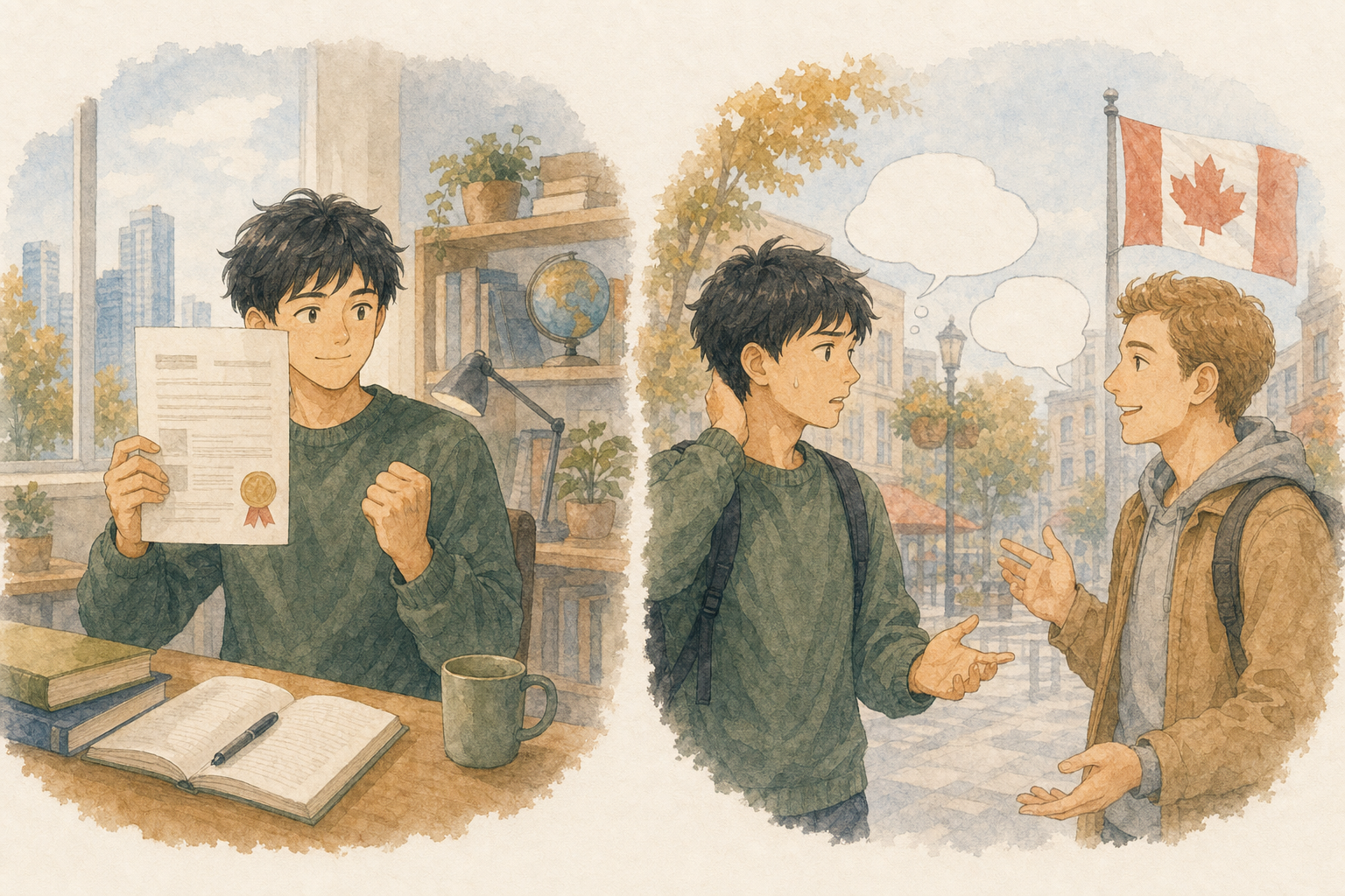 TOEIC870点の結果に手応えを感じる一方、カナダの会話場面では英語の返答が出てこず戸惑う日本人男性のイラスト