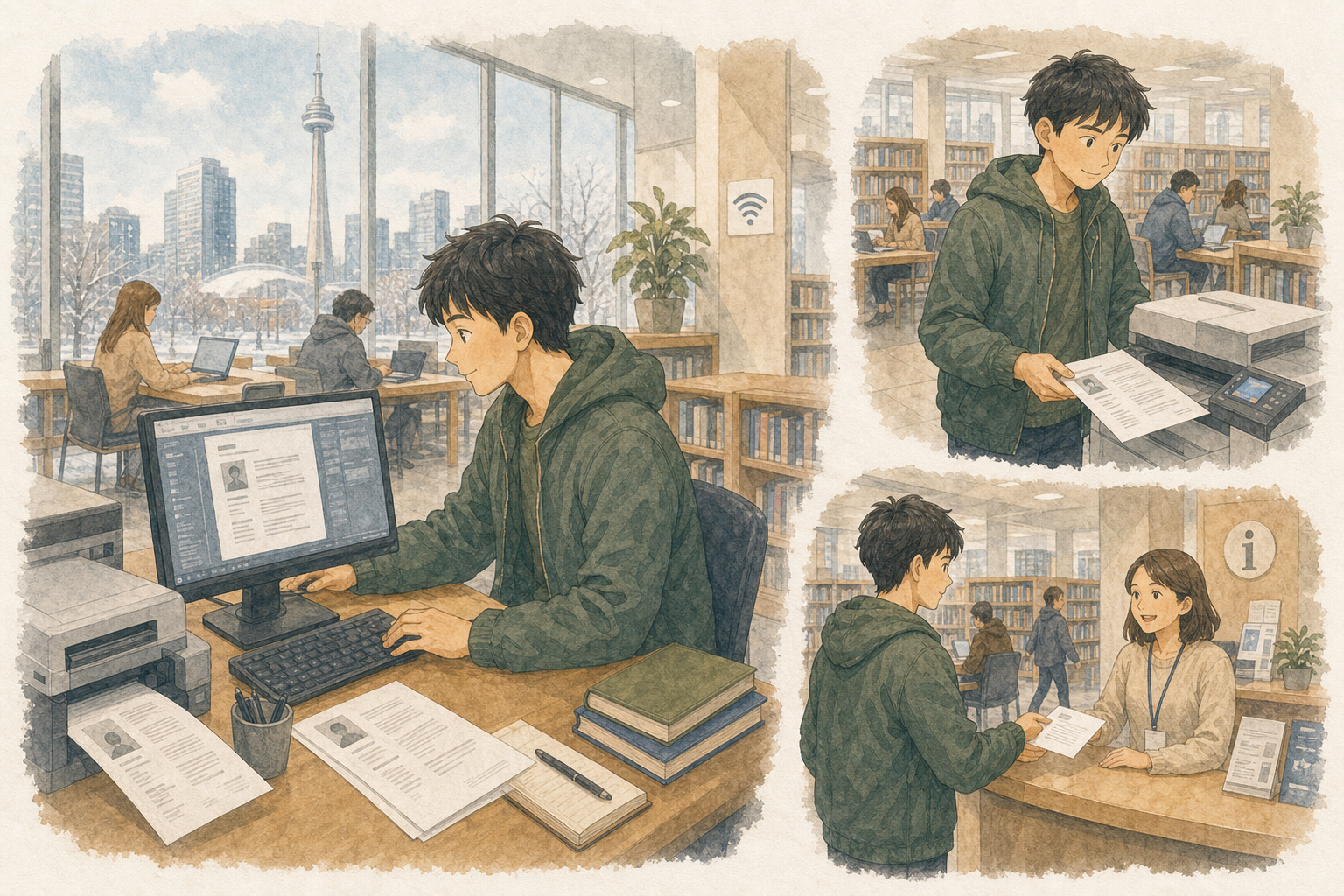 日本人男性がトロントの図書館にあるパソコン、Wi-Fi、プリンターを利用して英文レジュメを作成するイラスト