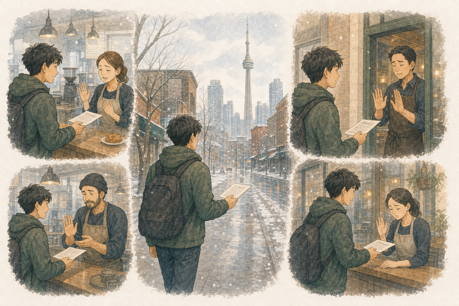 雪のトロントで日本人男性が複数のカフェや飲食店へレジュメを渡すものの、現在は募集していないと断られるイラスト