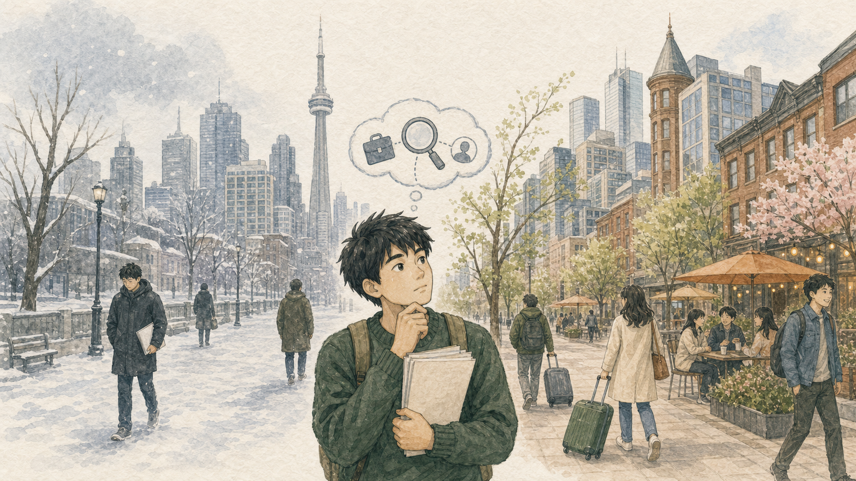 雪のトロントでレジュメを持って歩く若い男性と、春になって木々が芽吹き、歩行者やスーツケースを持つ人が増えた街の変化を描いたイラスト
