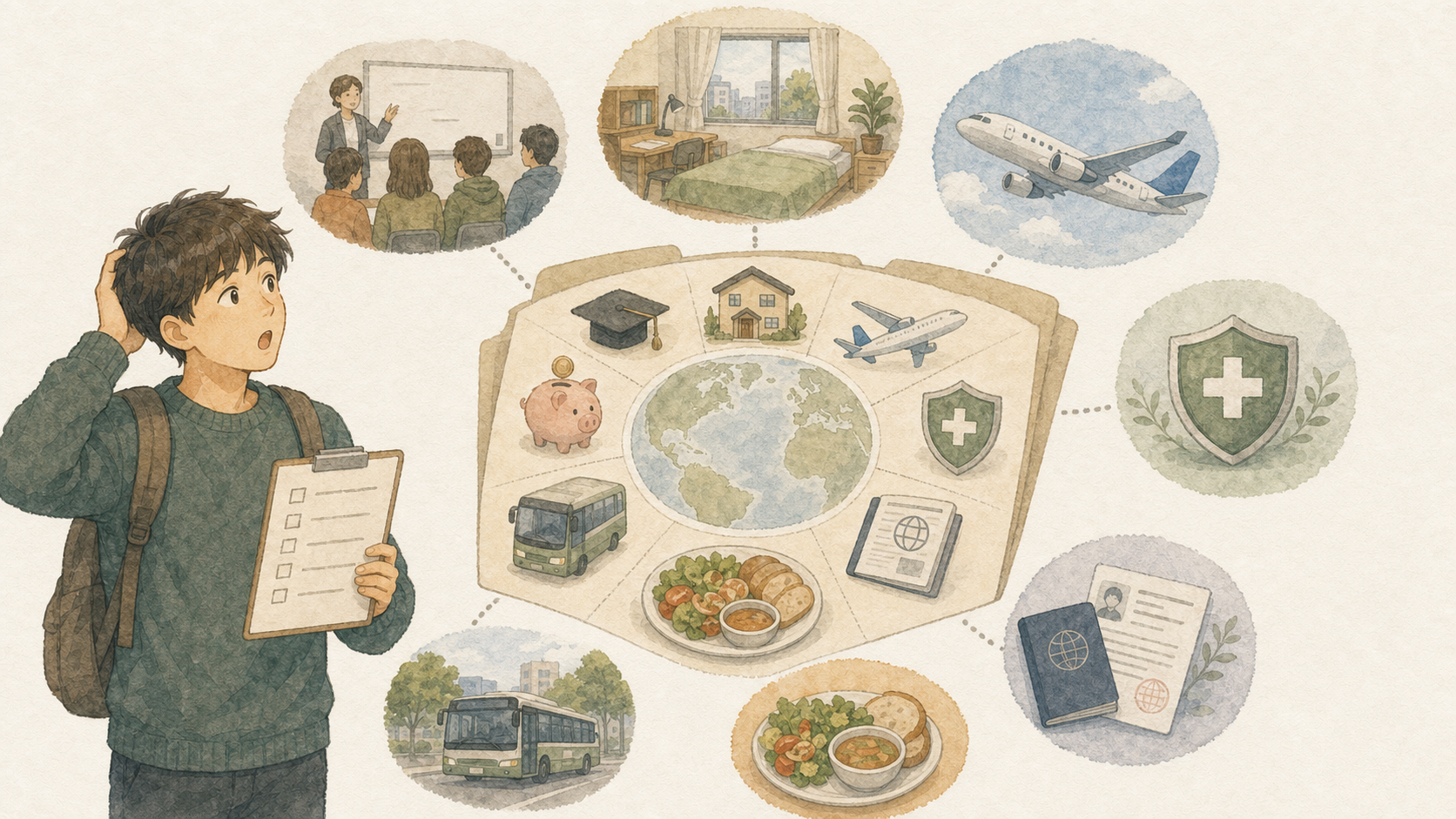 若い男性が授業料に加えて滞在費や航空券、保険、ビザ、食費、交通費などを確認しているイラスト