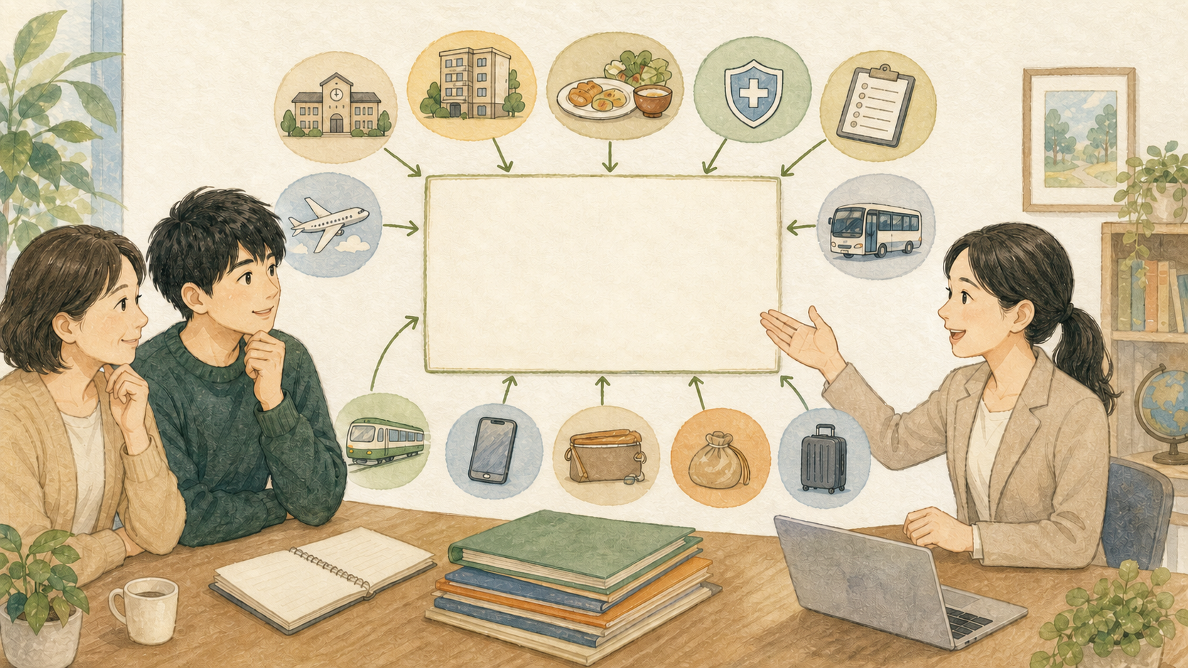 大学生と保護者が担当者と一緒に、授業料、滞在費、食費、保険、ビザ、航空券、送迎、交通、通信、生活費を含む留学費用の総額を確認しているイラスト