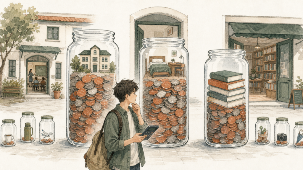 語学学校、学生寮、教材の3つの費用が、ほかの出費より大きな硬貨の瓶として並ぶイラスト