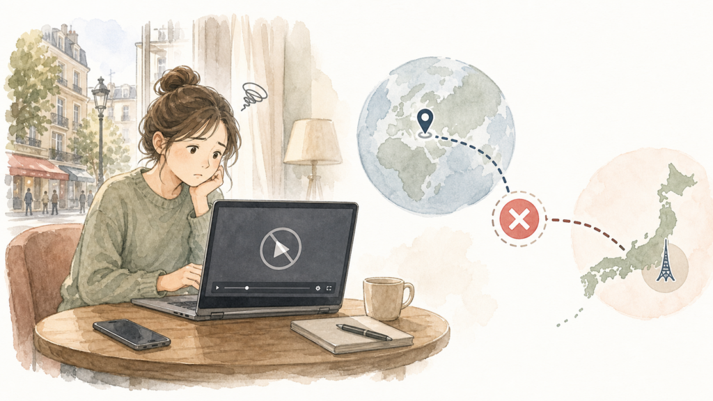 海外の部屋でノートパソコンを開いた旅行者が、動画が再生できず地域判定で止まっている様子を見ているイラスト