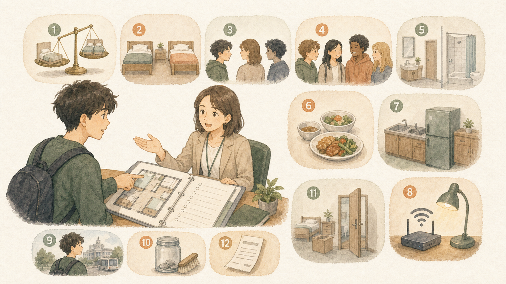 若い男性がカウンセラーと、部屋タイプや人数、浴室、食事、設備、通学、追加料金など12項目を確認しているイラスト